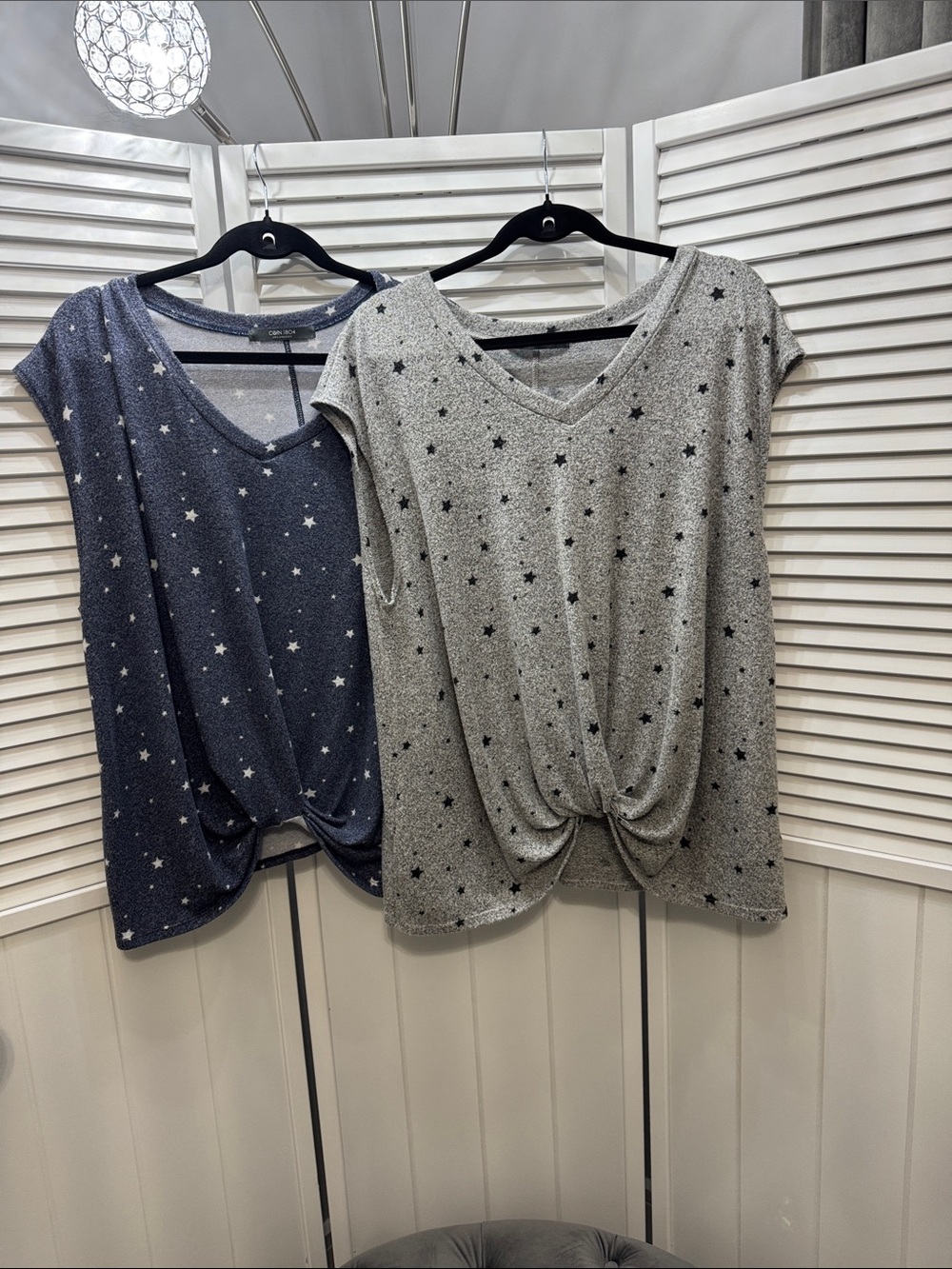 Star Print V-Neck Twist Front Tee -  grey and blue selling as a set ….
